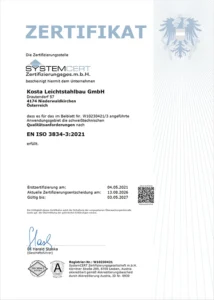 Kosta Leichtstahlbau Zertifikat EN ISO 3834-3:2021